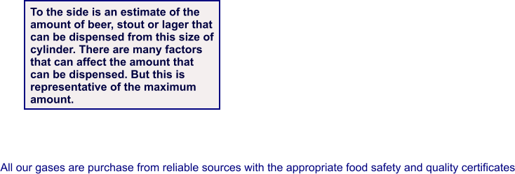 To the side is an estimate of the amount of beer, stout or lager that can be dispensed from this size of cylinder. There are many factors  that can affect the amount that  can be dispensed. But this is  representative of the maximum amount. All our gases are purchase from reliable sources with the appropriate food safety and quality certificates